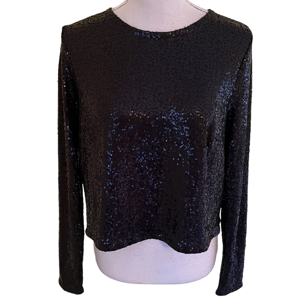 Kensie Black Sequin Long Sleeve Cropped Top M